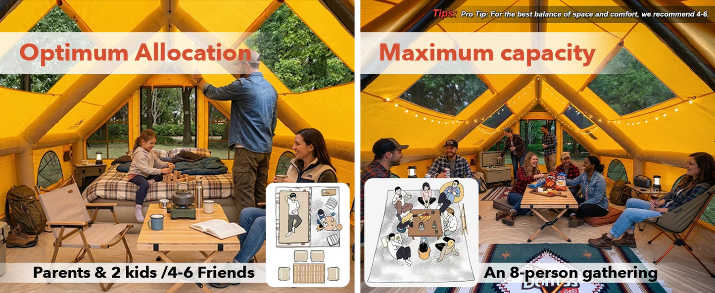 129 Sq Ft Inflatable Camping Tent Easy Setup Waterproof Oxford Air Tent House with Pump 4 Season Family Glamping Tent