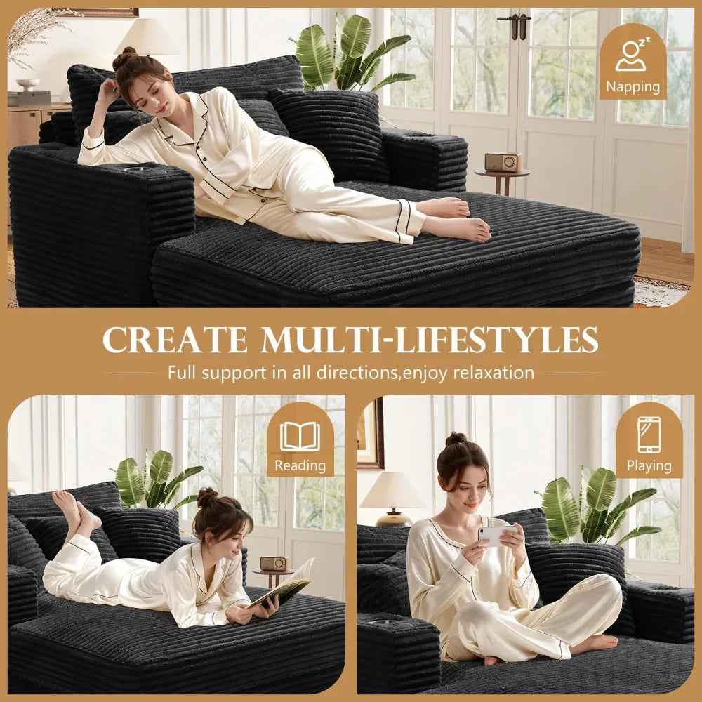 60 Chaise Lounge Indoor, Upgraded Oversized Upholstered Sofa Bed with Pillows & Armrests, Fluffy Plush Faux Fur Sleeper Couch Ch