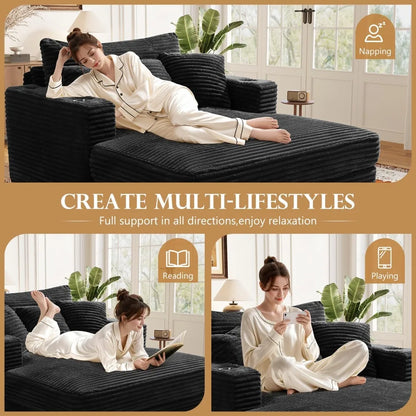 60 Chaise Lounge Indoor, Upgraded Oversized Upholstered Sofa Bed with Pillows & Armrests, Fluffy Plush Faux Fur Sleeper Couch Ch