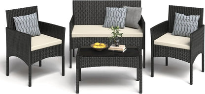 4 Pieces Patio Furniture Set, Outdoor Wicker Rattan Patio Conversation Furniture Set with Waterproof Cushion and Table