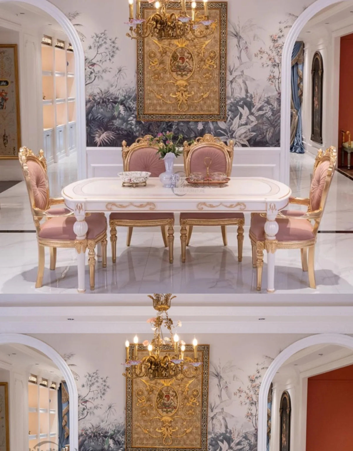 French court style solid wood dining table and chair combination light luxury romantic style household oval  FT