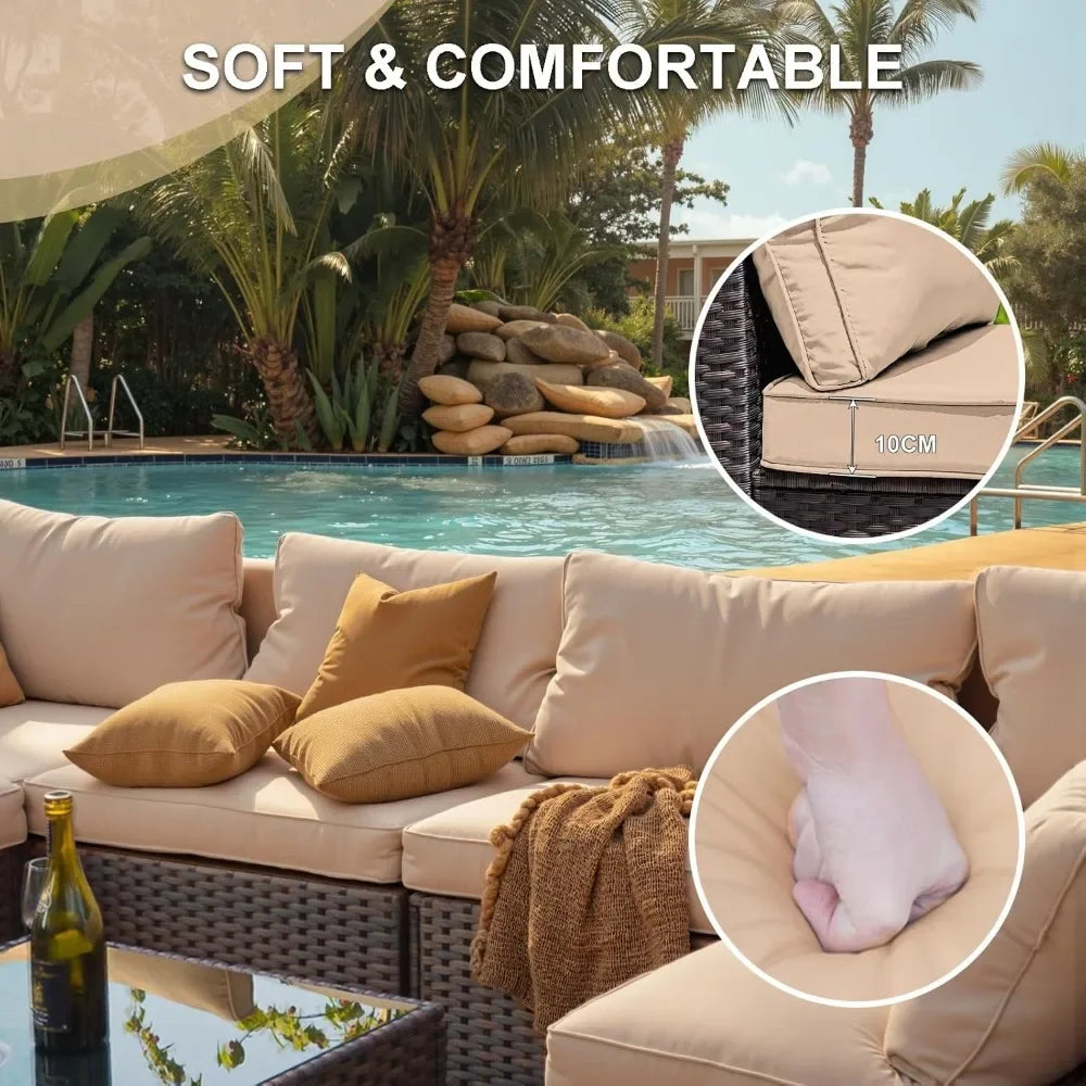 7 Piece Patio Furniture Set with  Fire Pit Table Outdoor Sectional Conversation Sofa Set with Coffee Table