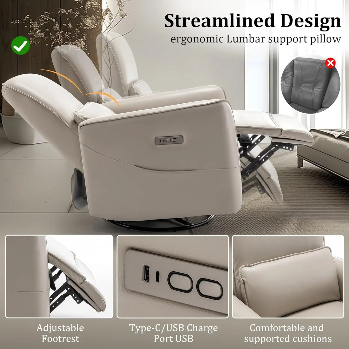 Glider Recliner Chair, Power Rocker Swivel Recliner with USB and Type-C Ports, Electric Reclining for Adults with Streamlined