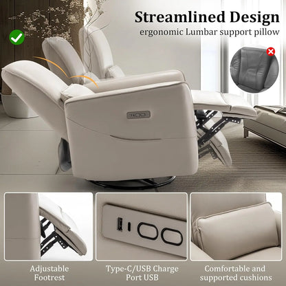 Glider Recliner Chair, Power Rocker Swivel Recliner with USB and Type-C Ports, Electric Reclining for Adults with Streamlined