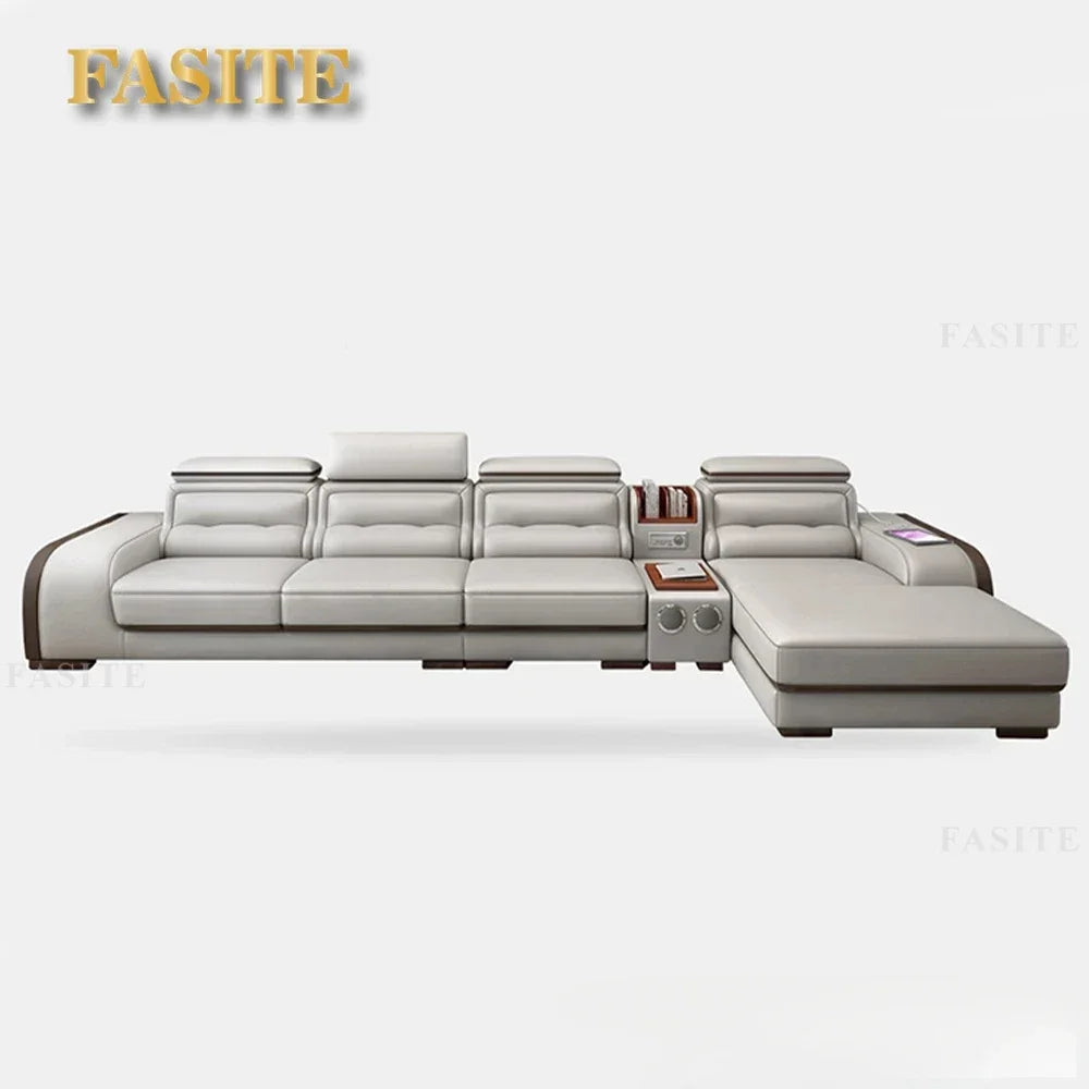 Genuine Leather Sofa With Bluetooth Speaker,USB And Adjustable Headrests - Nordic Italian Couch For Living Room Economically