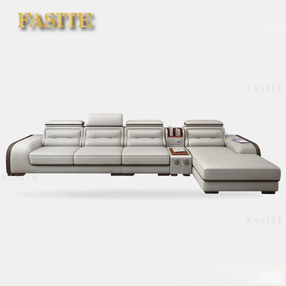 Genuine Leather Sofa With Bluetooth Speaker,USB And Adjustable Headrests - Nordic Italian Couch For Living Room Economically