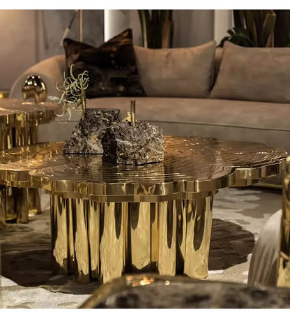 Italian light luxury round coffee table high-end villa living room stainless steel heterosexual etching