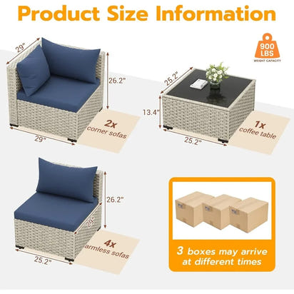 Seven Piece Patio Set, Modular Sectional Sofa Design, Includes Tea Table, PE Wicker Outdoor Conversation Group For Patio Use