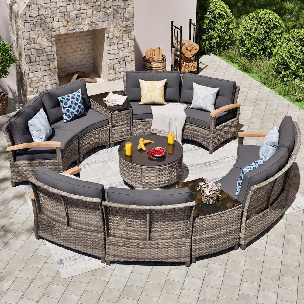 11 Piece Outdoor Patio Furniture Set, Half-Moon Curved Sectional Sofa Rattan Conversation Set with Wood Armrests, Co