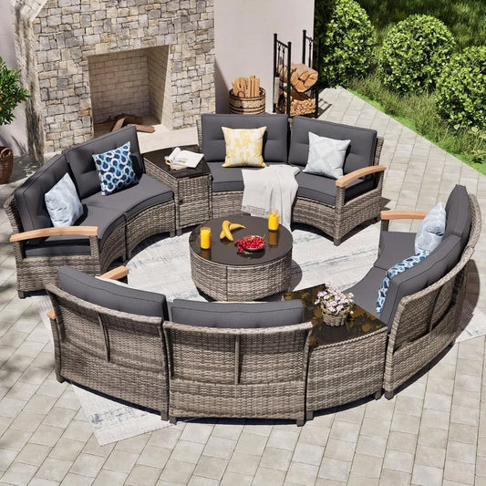 11 Piece Outdoor Patio Furniture Set, Half-Moon Curved Sectional Sofa Rattan Conversation Set with Wood Armrests, Co