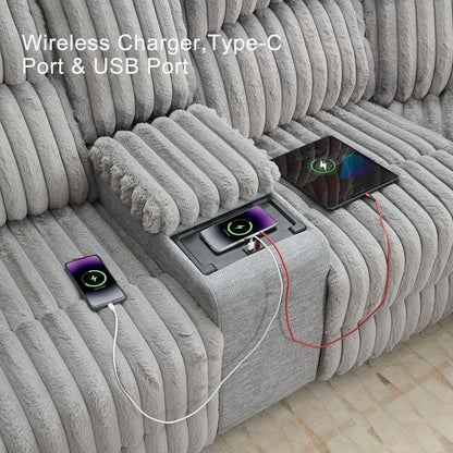 Power Reclining L-Shaped Fuzzy Rabbit Plush 5-Seater Sectional Sofa Set with Wireless Charger, USB Type-C Port & Storage Console