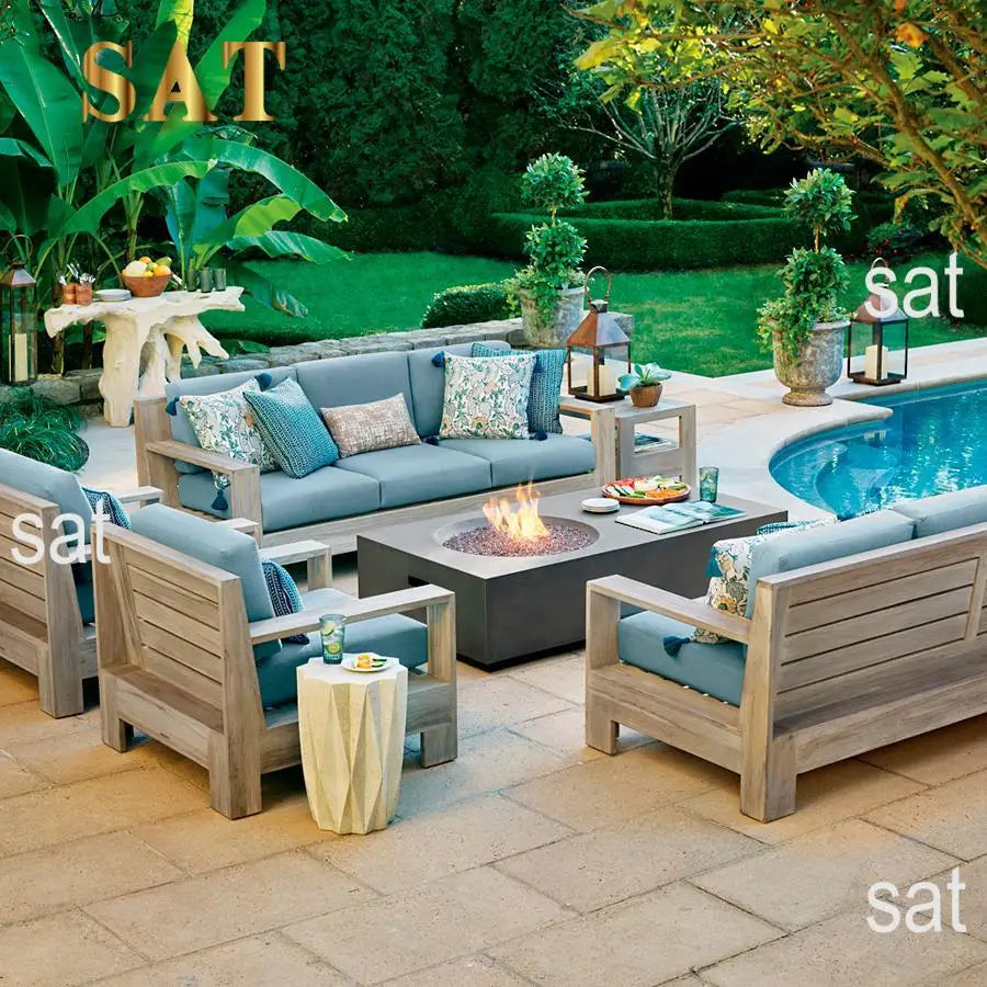 Waterproof Modern Weathered Wooden Sofa Set Home And Garden Teak Furniture Outdoor With Cushion