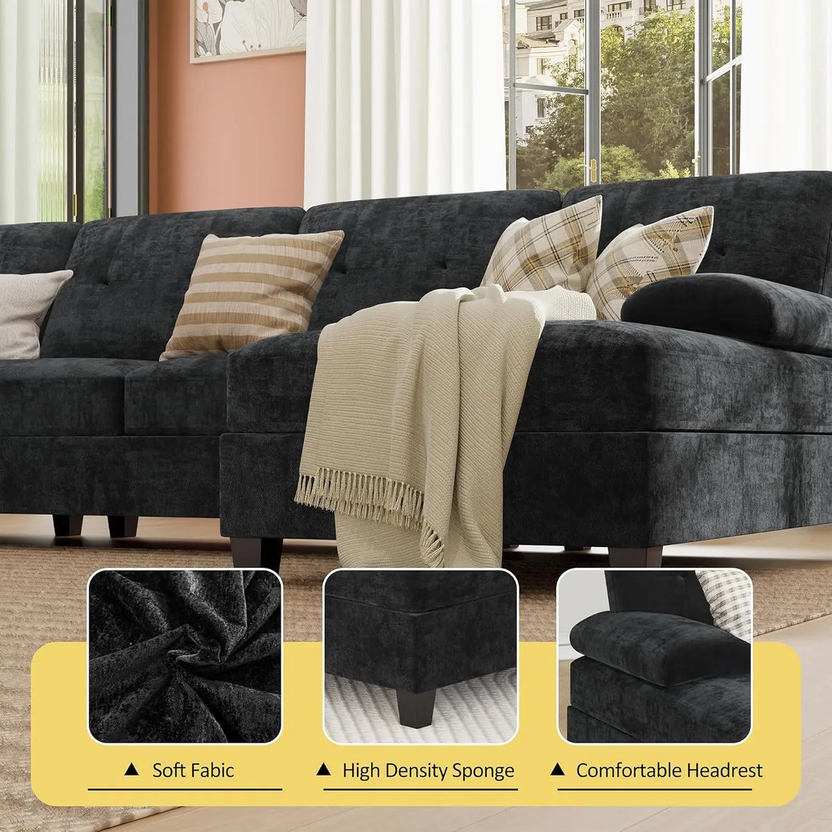 U-Shaped Sectional Sofa, Modular Convertible Couch with Double Chaise, 4-Seater for Living Room, Black