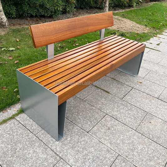 Banc urbain en métal au design moderne, mobilier de rue en bois pour parcs et lieux pour utilisation sur patio