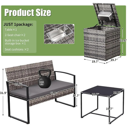 4 Piece Outdoor Patio Furniture Set with Built-in Beverage Cooler Storage Box, Wicker Conversation Sets Patio Outdoor Loves