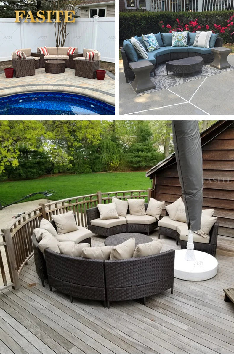 Sofa, courtyard, garden, leisure, outdoor living room, semi circular curved rattan chair, terrace, outdoor furniture combination