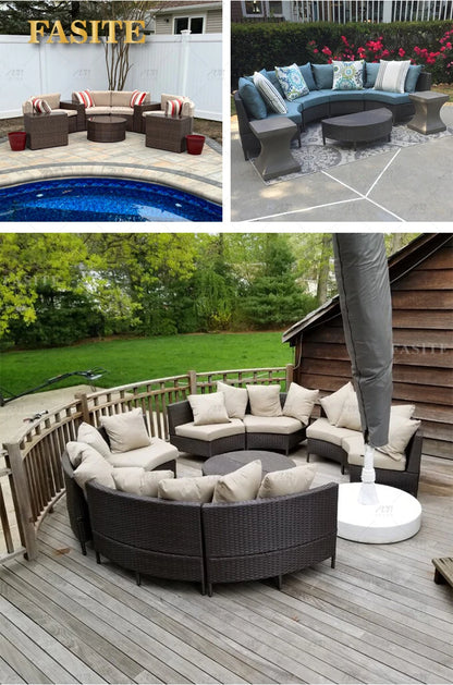 Sofa, courtyard, garden, leisure, outdoor living room, semi circular curved rattan chair, terrace, outdoor furniture combination