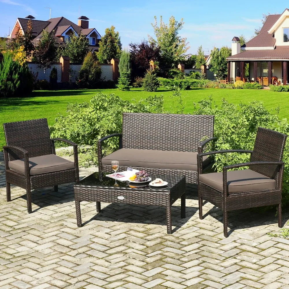 Outdoor Conversation Set 4 Pieces Patio Furniture, Wicker Patio Chair Sofa Set with Water-Resistant Dark-Brown Cushion & Tempere