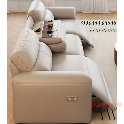 MINGDIBAO Modern Recliner Sofa with Hidden Foldable Tray Table and USB – Italian Genuine Leather Sectional Couch for Living Room