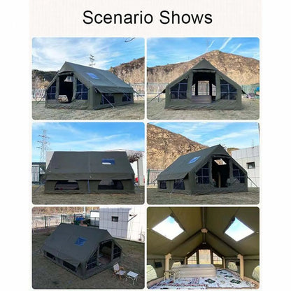 129 Square Feet Green Inflatable Camping Tent with Hand Pump,Waterproof Windproof Outdoor Blow up Tent with Chimney Stack
