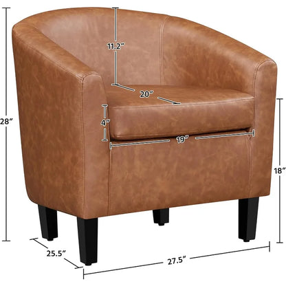 Leather Accent Chair, Faux Leather Armchair, Modern Barrel Club Chair With Soft Seat For Living Room Bedroom Reading
