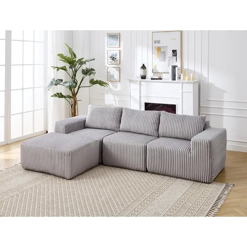 Grey Corduroy Striped Upholstered Sofa, Modern Minimalist U-shaped Sectional Sofa with Pull-out Bed & Storage Chaise, Soft and