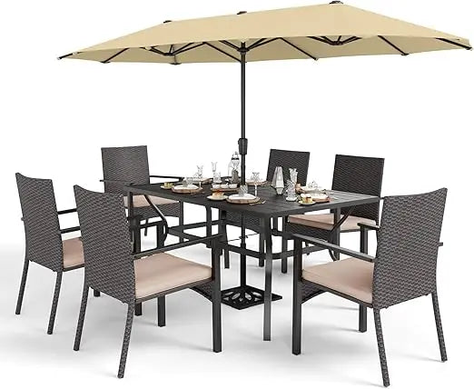 Sophia & William 8 Pieces Patio Dining Set with 13 Ft Beige Double-Sided Twin Umbrella, Outdoor Rattan Chairs & Metal Table Set