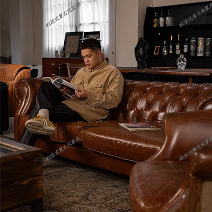 French vintage style button-tufted sofa, classic American cigar bar Burton sofa, mid-century whiskey straight-line sofa