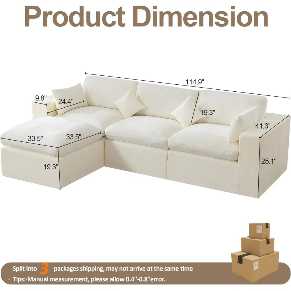 Cloud Boneless 115'' Oversized Sectional Couch with Ottoman Modular Deep Seat Upholstered Convertible Sofa for Comfortable
