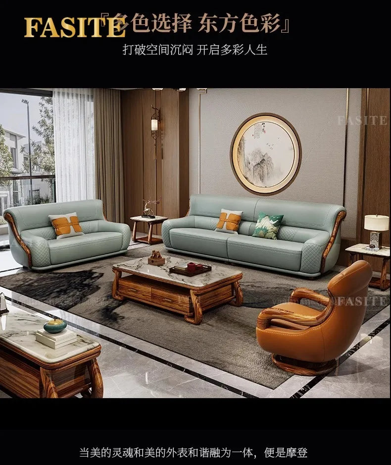leather sofa new Chinese-style first-layer cowhide European-style solid wood living room corner combination villa