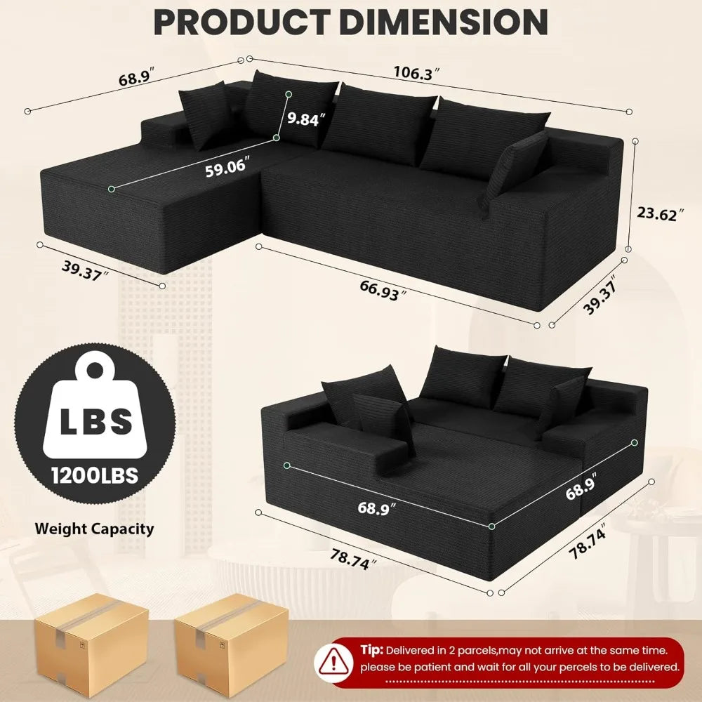 Couch with Deep Seat，Modern Modular Sofa with L-Shape Chaise，No Assembly Required, Upholstered Couc