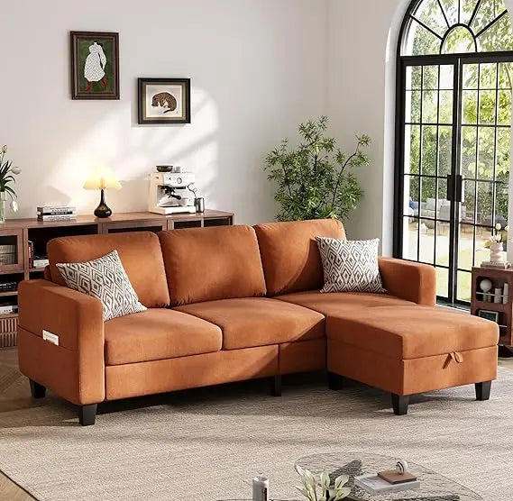 Sectional Sofa and Couches for Living Room, 78'' Orange 3 Seat L-Shaped Couch with Movable Ottoman, Comfy Velvet Convertible Sec