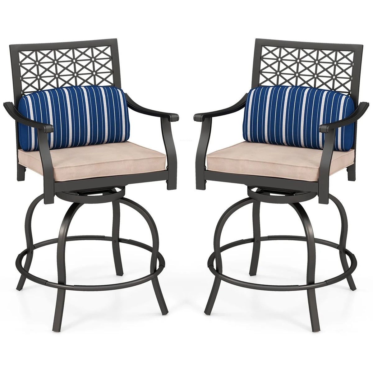 Set of 2 Patio Swivel Bar Stool Chairs Cushioned Pillow Armrest Rocking