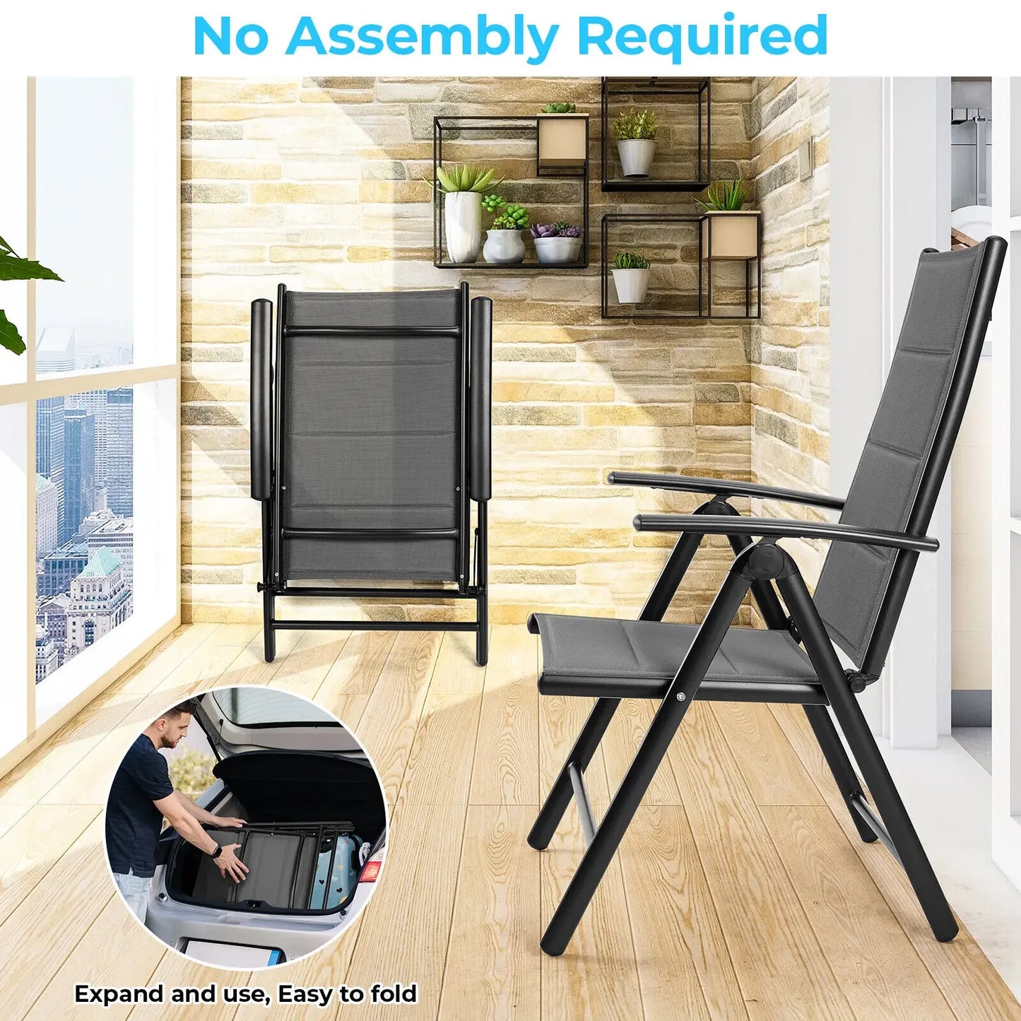 Aluminum Foldable Garden Chair, Lounge Backrest 7 Adjustable Settings, with Armrests, Weatherproof Outdoor Chairs Black,Gray