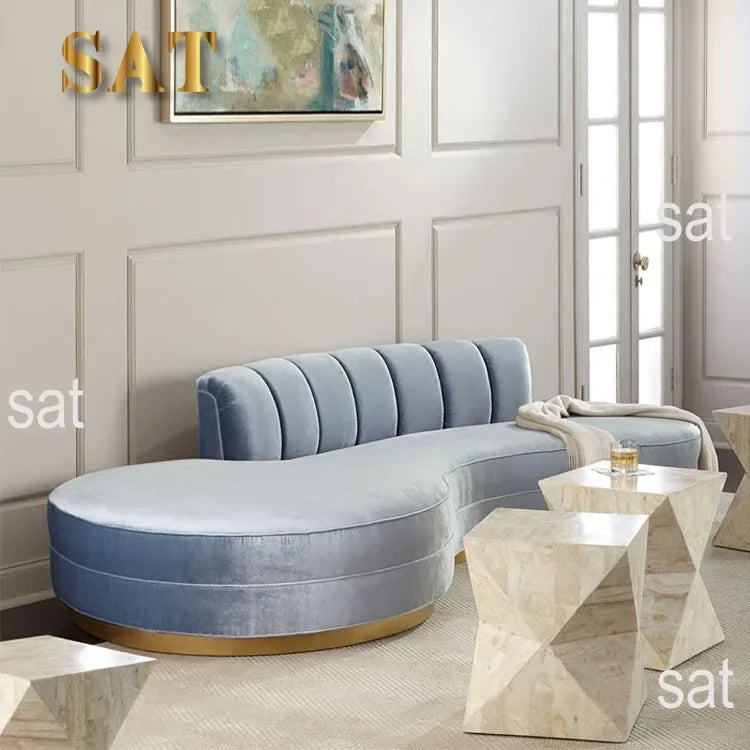 -Luxury Living Room Gold Stainless Steel Curved Sofa Velvet Upholstered Hotel Home Sofa