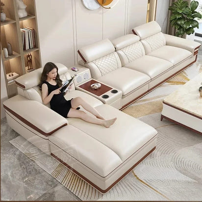 Customizable Premium Italian Genuine Leather Sofa Set for Living Room with Adjustable Headrests