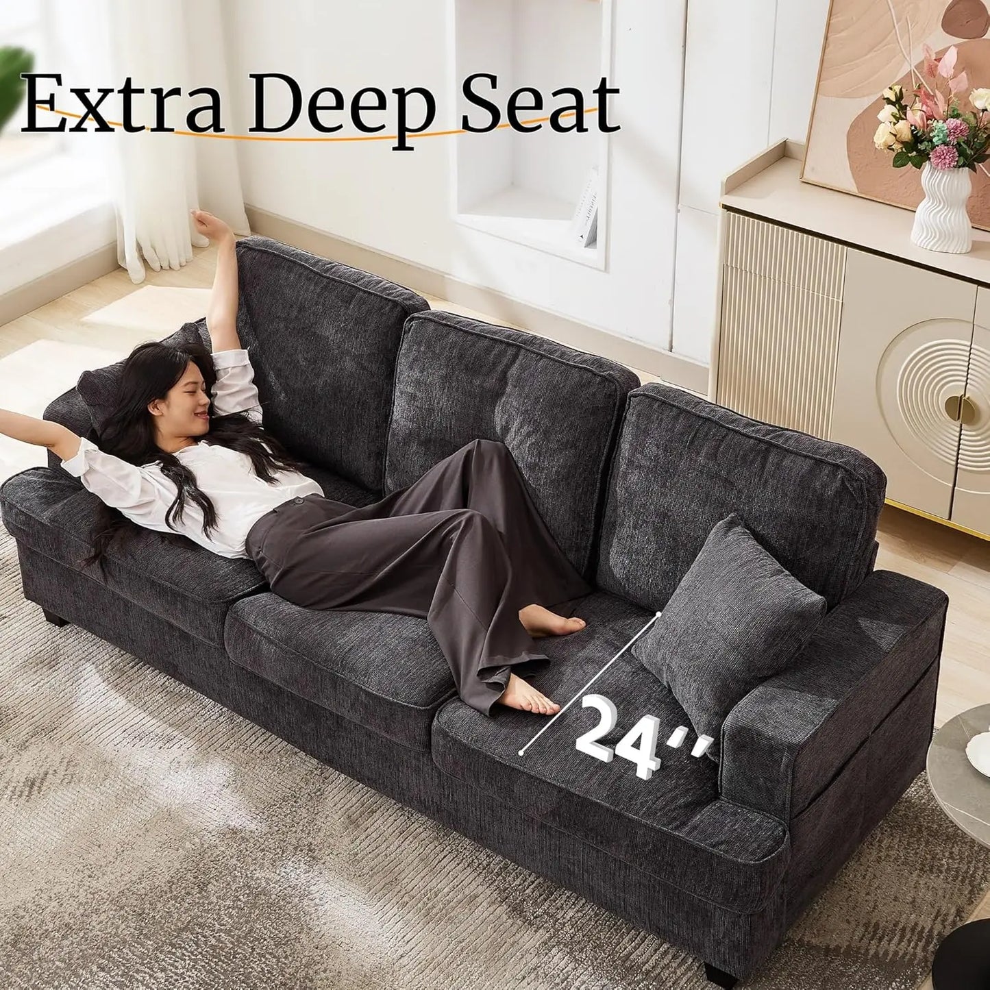 89 Inch 3 Seater Chenille Upholstered Couch Plush Deep Seat Cloud Sofa Gray Soft Upholstered Furniture for Living Room Bedroom Apartment Office Small Space