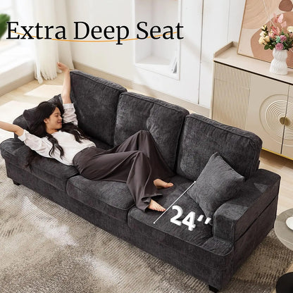 89 Inch 3 Seater Chenille Upholstered Couch Plush Deep Seat Cloud Sofa Gray Soft Upholstered Furniture for Living Room Bedroom Apartment Office Small Space