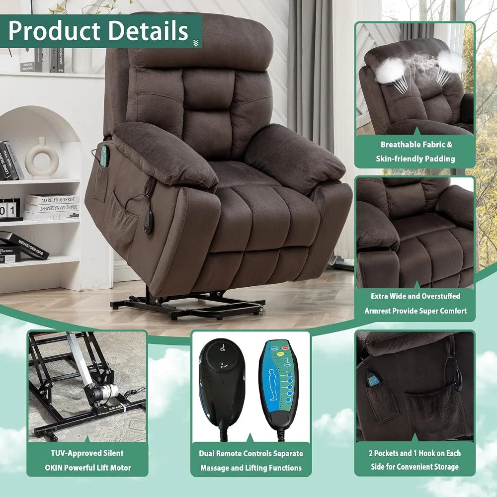Lift Recliner for Big and Tall Seniors: 9689 High Density Foam Lift Chair with Heat and Vibration Massage, 2 Side Pockets, 2 Cup