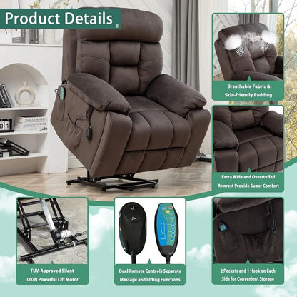 Lift Recliner for Big and Tall Seniors: 9689 High Density Foam Lift Chair with Heat and Vibration Massage, 2 Side Pockets, 2 Cup
