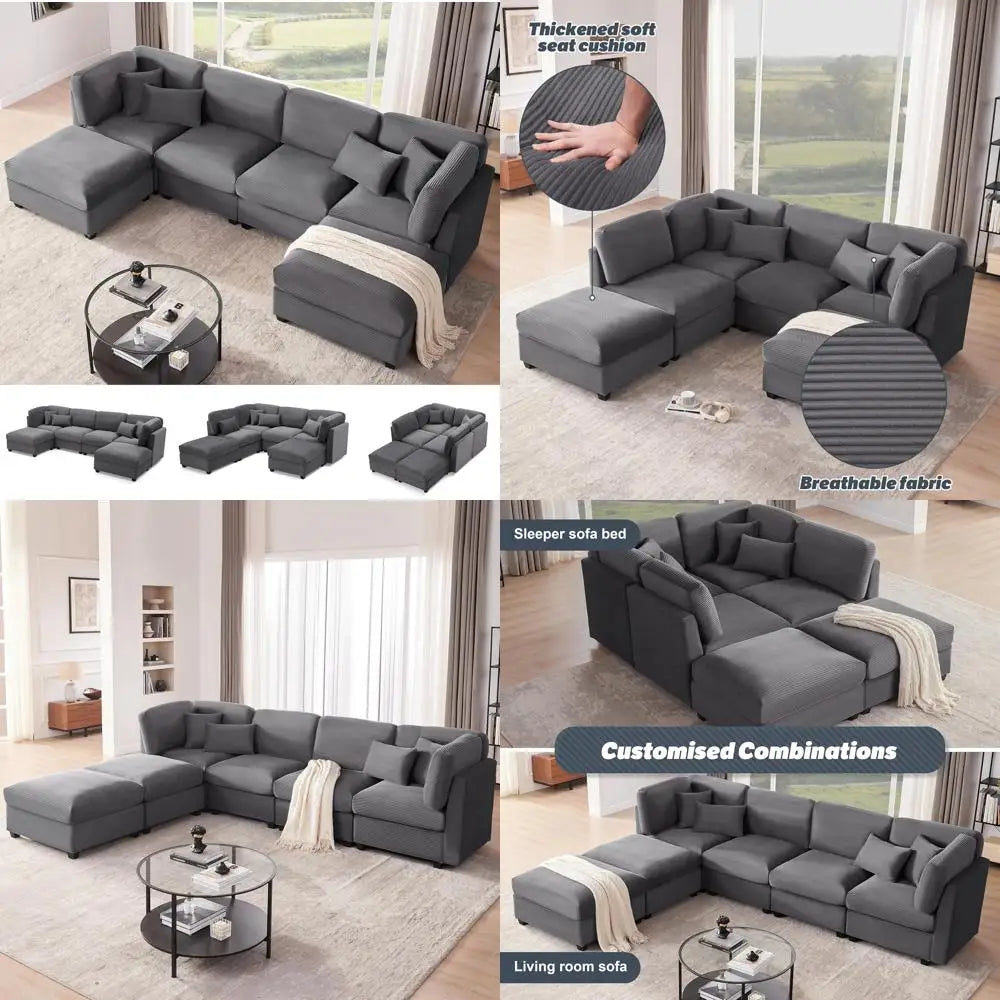 "large 125 inch u-shaped corduroy modular sofa with storage and 6 convertible seats"