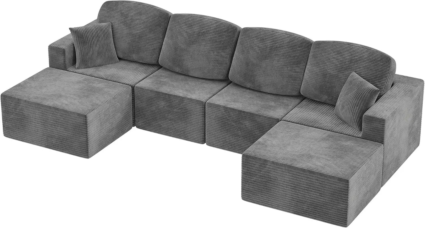 126" Modern Fabric Boneless Couch with Deep Seat, Sectional Couches for Living Room, Upholstered Cloud Sofa with 2 Ottoman