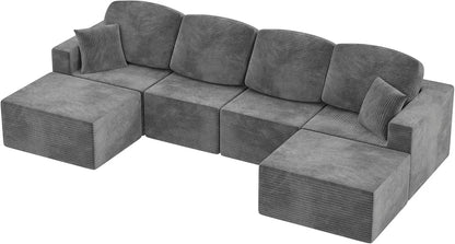 126" Modern Fabric Boneless Couch with Deep Seat, Sectional Couches for Living Room, Upholstered Cloud Sofa with 2 Ottoman