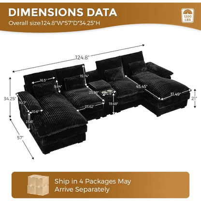 124" U Shaped Cloud Couch Sectional, Comfy Fluffy Plush Corduroy Black Sectional Couches for Living Room,Modern Modular Corduroy