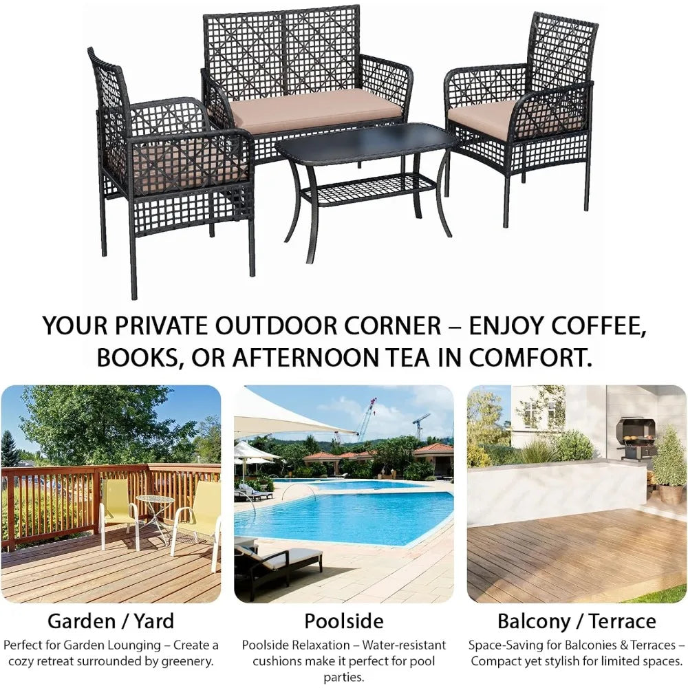 4-Piece Patio Furniture Set, Weather-Resistant Rattan Patio Conversation Set with Two-Tier Coffee Table, Upholstered Openwork Wi