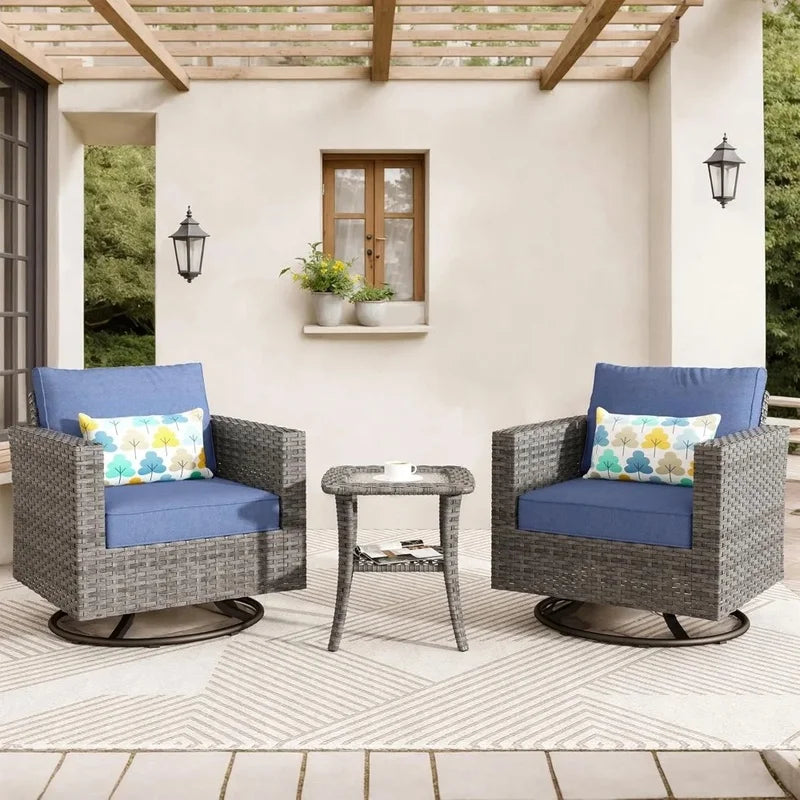 3-Piece Outdoor Swivel Chair Set with Cushions, Rattan Rocking Chairs and Side Table, Comfortable Patio Glider Furniture