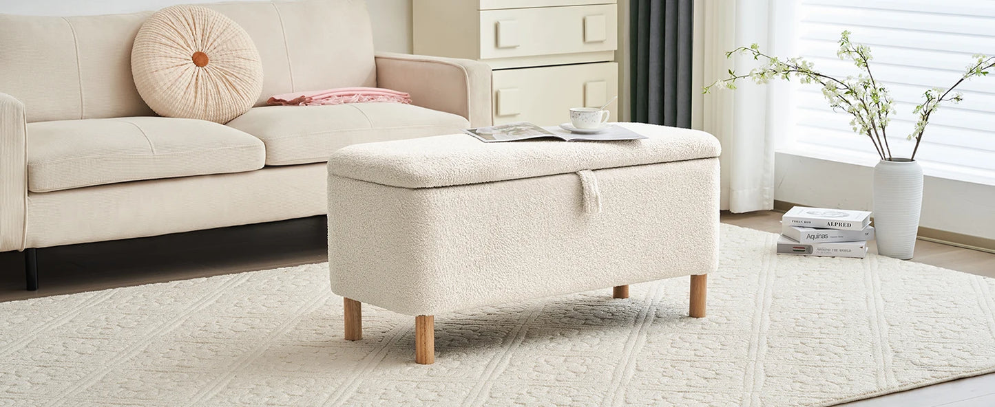 39.5" Boucle Storage Ottoman Bench for Bedroom end of Bed, Sherpa Upholstered Shoe Seat Storage Beach for Entryway, Off White