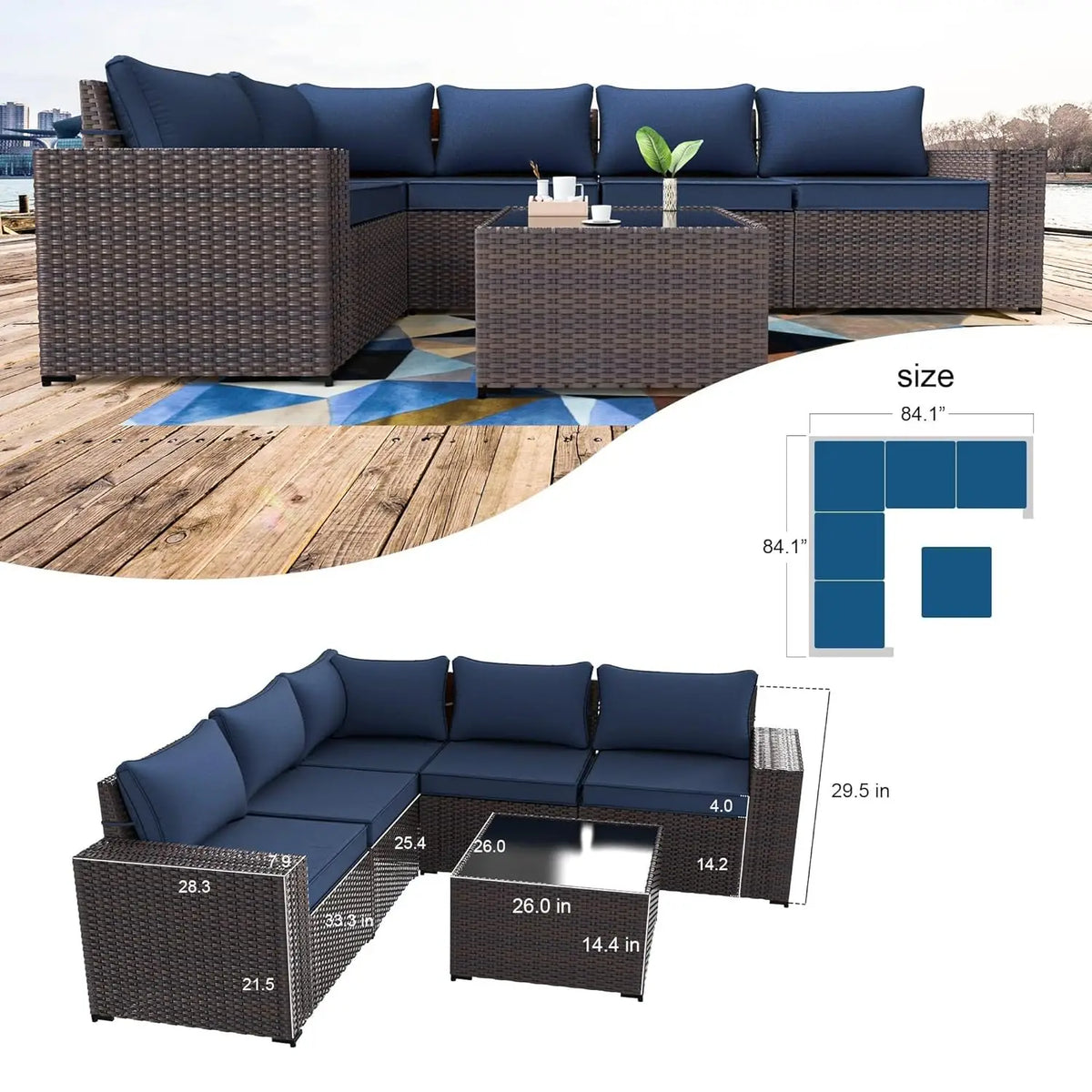 6PCS Outdoor Patio Furniture Set PE Wicker Rattan Sectional Sofa Patio Conversation Sets, Customized