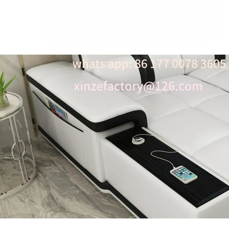 Customizable Modern Living Room Sofas L Shape Corner Genuine Leather Couch with Speake,Radio,USB, Bluetooth, Cup Holder