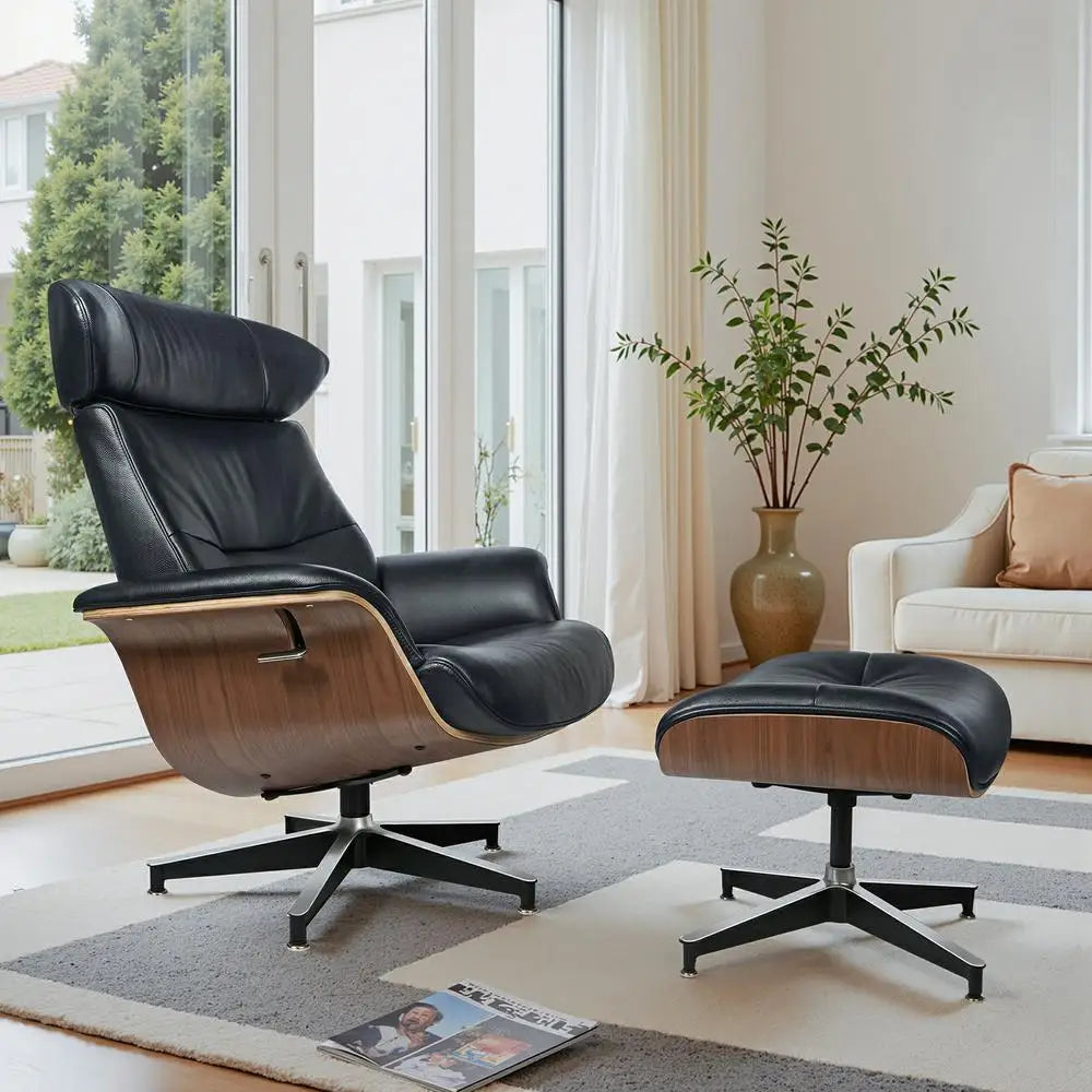 Modern Reclining Swivel Lounge Chair, With Walnut Black Genuine Leather, Ottoman Included